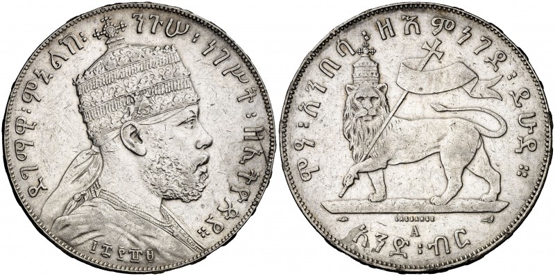 EE 1895 (1902-1903). Etiopía. Menelik II. A (París). 1 Birr. (Kr. 19). 27,94 g. ...