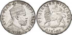 EE 1895 (1902-1903). Etiopía. Menelik II. A (París). 1 Birr. (Kr. 19). 27,94 g. AG. Leves golpecitos. Escasa. EBC-.