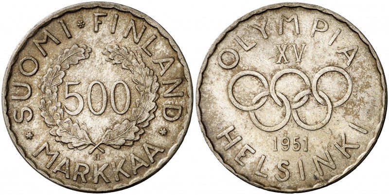1951. Finlandia. H (Birmingham). 500 marcos. (Kr. 35). 11,84 g. AG. Juegos Olímp...