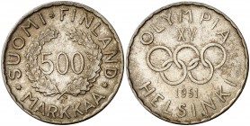 1951. Finlandia. H (Birmingham). 500 marcos. (Kr. 35). 11,84 g. AG. Juegos Olímpicos - Helsinki '52. EBC-.