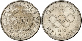 1952. Finlandia. H (Birmingham). 500 marcos. (Kr. 35). 12,42 g. AG. Juegos Olímpicos - Helsinki '52. S/C-.