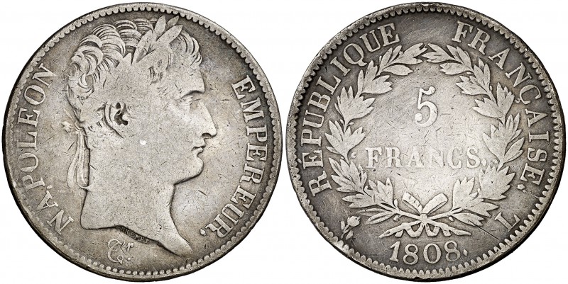 1808. Francia. Napoleón I. L (Bayona). 5 francos. (Kr. 686.8). 24,38 g. AG. Esca...