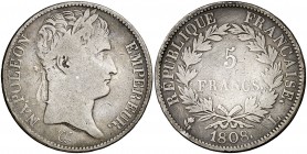 1808. Francia. Napoleón I. L (Bayona). 5 francos. (Kr. 686.8). 24,38 g. AG. Escasa. BC+.