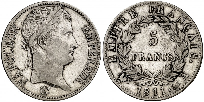 1811. Francia. Napoleón I. A (París). 5 francos. (Kr. 694.1). 24,92 g. AG. MBC....