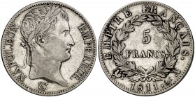 1811. Francia. Napoleón I. A (París). 5 francos. (Kr. 694.1). 24,92 g. AG. MBC.