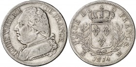 1814. Francia. Luis XVIII. M (Toulouse). 5 francos. (Kr. 702.9). 24,69 g. AG. MBC.