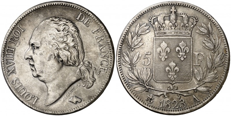 1823. Francia. Luis XVIII. A (París). 5 francos. (Kr. 711.5). 24,79 g. AG. MBC+....