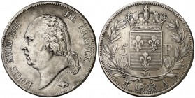 1823. Francia. Luis XVIII. A (París). 5 francos. (Kr. 711.5). 24,79 g. AG. MBC+.