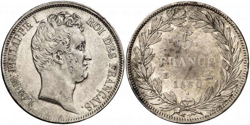 1830. Francia. Luis Felipe. B (Rouen). 5 francos. (Kr. 735.2). 24,88 g. AG. MBC+...