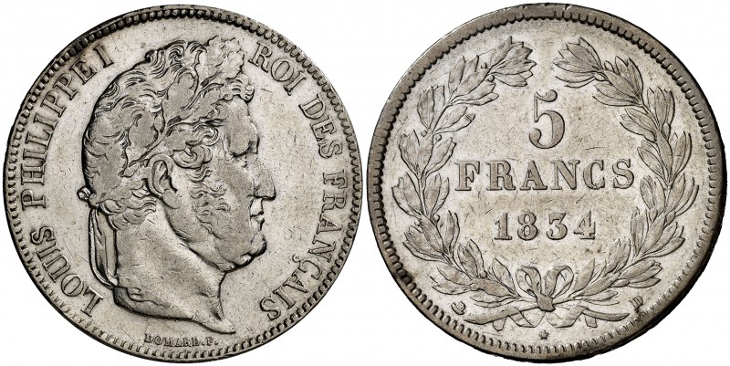 1834. Francia. Luis Felipe I. D (Lyon). 5 francos. (Kr. 749.4). 24,83 g. AG. Lim...