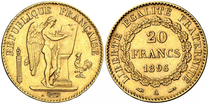 1896. Francia. III República. A (París). 20 francos. (Fr. 592) (Kr. 825). 6,44 g...