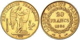 1896. Francia. III República. A (París). 20 francos. (Fr. 592) (Kr. 825). 6,44 g. AU. MBC+.