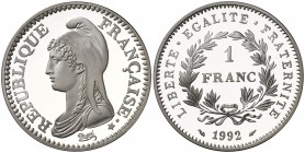 1992. Francia. Monnaie de París. 1 franco. (Kr. 1005). 15,55 g. AG. Bicentenario de la República. En estuche original con certificado nº 4290. Proof....