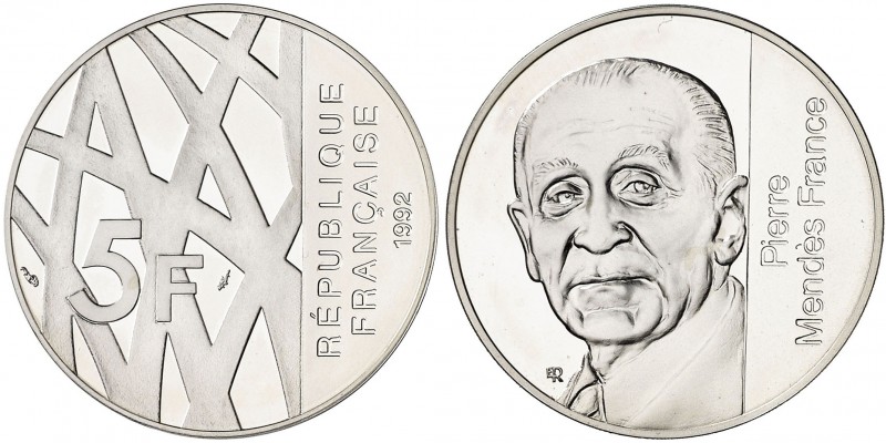 1992. Francia. Monnaie de París. 5 francos. (Kr. 1006a). 12 g. AG. Pierre Mendes...