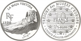 1996. Francia. Monnaie de París. 10 francos (1 1/2 euro). (Kr. 1148). 22,20 g. AG. Goya, "La Maja Vestida". En estuche original con certificado nº 193...