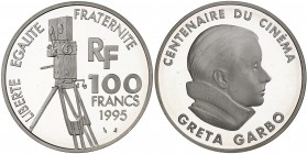 1995. Francia. Monnaie de París. 100 francos. (Kr. 1092). 22,20 g. AG. Centenario del cine. Greta Garbo. En estuche original con certificado nº 947. P...