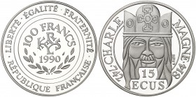 1990. Francia. Monnaie de París. 100 francos (15 ecus). (Kr. 982). 22,20 g. AG. Carlomagno. En estuche original con certificado nº 22695. Proof.