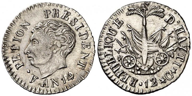 AN 14 (1817). Haití. 12 céntimos. (Kr. 13). 1,26 g. AG. EBC+.