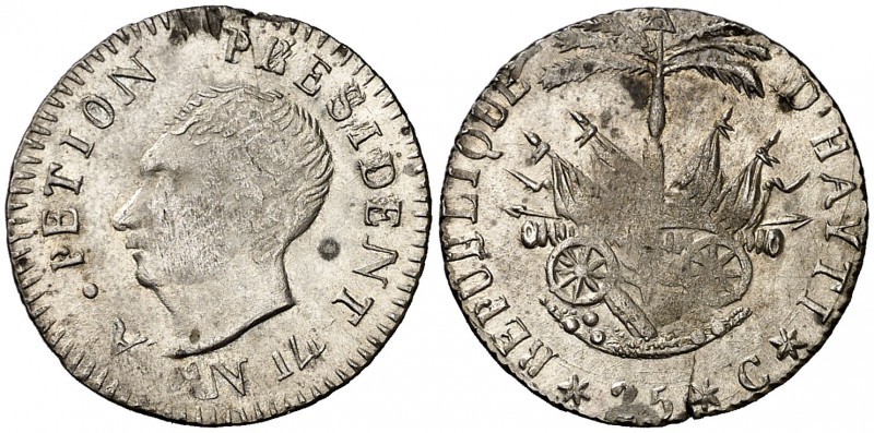 AN 14 (1817). Haití. 25 céntimos. (Kr. 15.2). 2 g. AG. Defecto de cospel. Rara. ...