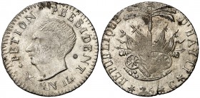AN 14 (1817). Haití. 25 céntimos. (Kr. 15.2). 2 g. AG. Defecto de cospel. Rara. (EBC-).