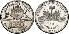 1977. Haití. 50 gourdes. (Kr. 129). 21,48 g. AG. Juegos Olímpicos - Moscú '80. Acuñación de 3969 ejemplares. S/C-.