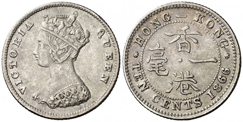 1866. Hong Kong. Victoria. 10 centavos. (Kr. 6.3). 2,69 g. AG. MBC+.