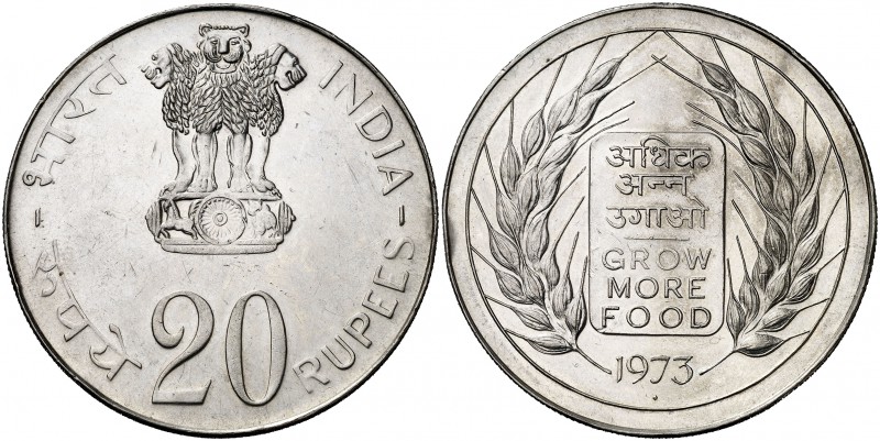 1973. India. 20 rupias. (Kr. 240). 29,26 g. AG. Serie F.A.O. Golpecito en canto....