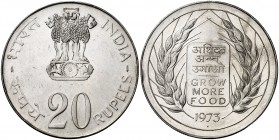1973. India. 20 rupias. (Kr. 240). 29,26 g. AG. Serie F.A.O. Golpecito en canto. S/C-.