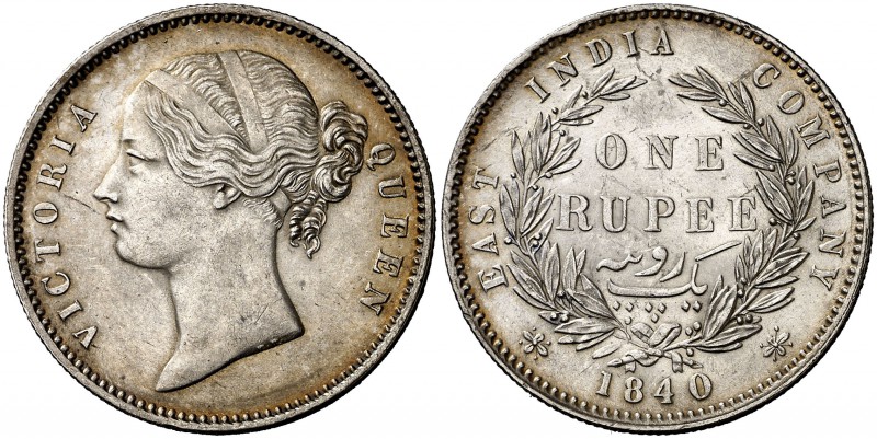 1840. India Británica. Victoria. 1 rupia. (Kr. 458.2). 11,66 g. AG. 28 Bayas. At...