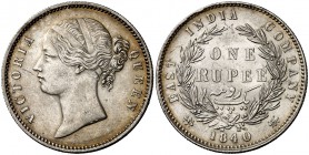 1840. India Británica. Victoria. 1 rupia. (Kr. 458.2). 11,66 g. AG. 28 Bayas. Atractiva pátina. EBC-.