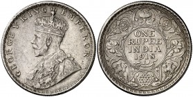 1918. India Británica. Jorge V. 1 rupia. (Kr. 524). 11,63 g. AG. MBC+/EBC-.