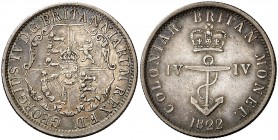 1822. Indias Occidentales. Jorge IV. 1/4 de dólar. (Kr. 3). 6,69 g. AG. Escasa. MBC+.