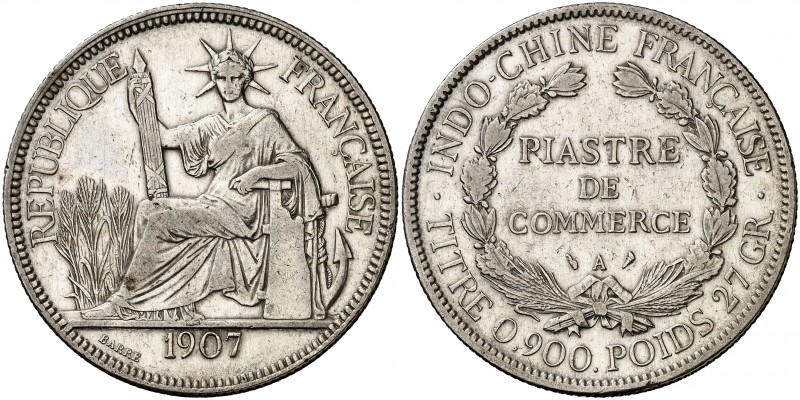 1907. Indochina Francesa. A (París). 1 piastra de comercio. (Kr. 5a.1). 26,87 g....