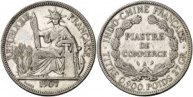 1907. Indochina Francesa. A (París). 1 piastra de comercio. (Kr. 5a.1). 26,87 g. AG. MBC.