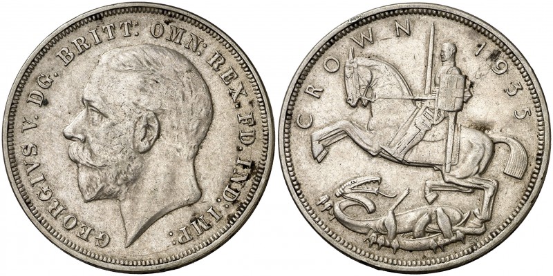 1935. Inglaterra. Jorge V. 1 corona. (Kr. 842). 28,24 g. AG. Jubileo de Plata. E...