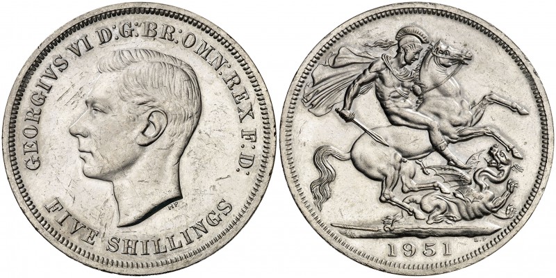1951. Inglaterra. Jorge VI. 5 chelines. (Kr. 880). 28,24 g. CU-NI. EBC+.