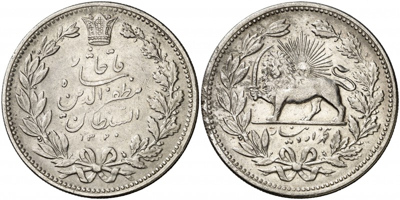 AH 1320 (1902). Irán. Muzaffar Al-Din Shah. 5000 dinars (5 kran). (Kr. 976). 22,...
