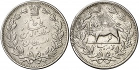 AH 1320 (1902). Irán. Muzaffar Al-Din Shah. 5000 dinars (5 kran). (Kr. 976). 22,90 g. AG. Muescas en canto. (MBC+).