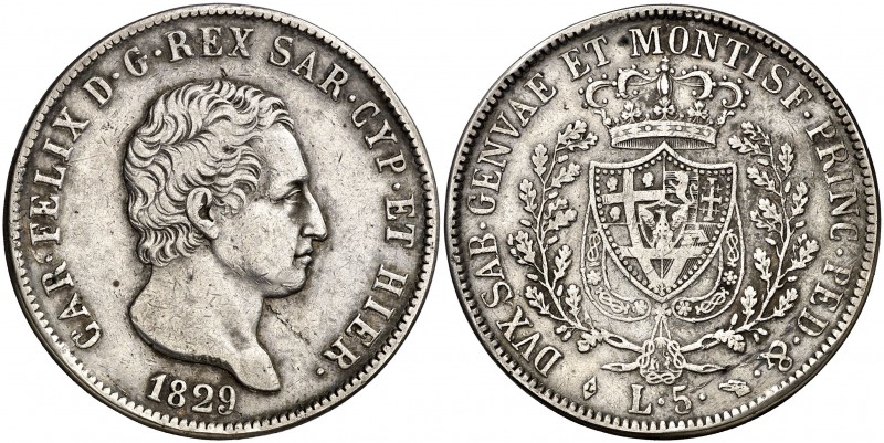 1829. Italia. Cerdeña. Carlos Félix. Turín. L 5 liras. (Kr. 116.2). 24,60 g. AG....
