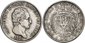 1829. Italia. Cerdeña. Carlos Félix. Turín. L 5 liras. (Kr. 116.2). 24,60 g. AG. Escasa. MBC.