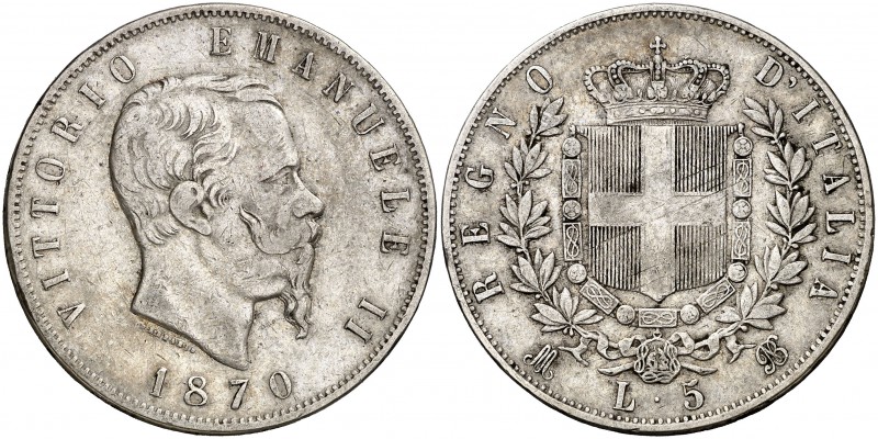1870. Italia. Víctor Manuel II. M (Milán). BN. 5 liras. (Kr. 8.3). 24,86 g. AG. ...