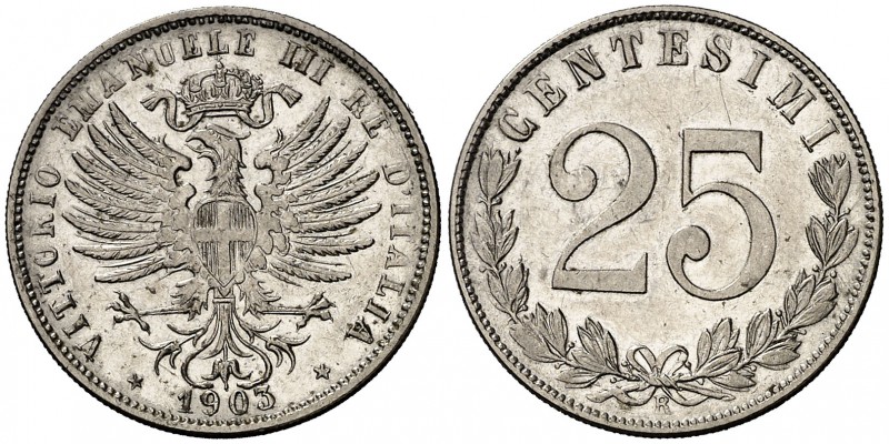 1903. Italia. Víctor Manuel III. R (Roma). 25 céntimos. (Kr. 36). 3,85 g. NI. EB...