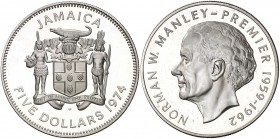 1974. Jamaica. 5 dólares. (Kr. 62a). 37,68 g. AG. Proof.