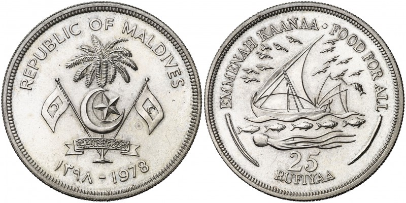 AH 1398 (1978). Maldivas. 5 rufiyaa. (Kr. 58). 28,24 g. AG. S/C.
