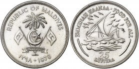 AH 1398 (1978). Maldivas. 5 rufiyaa. (Kr. 58). 28,24 g. AG. S/C.
