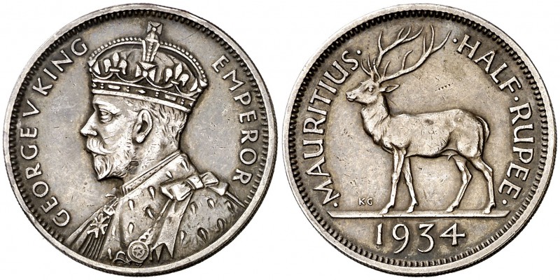 1934. Isla Mauricio. Jorge V. 1/2 rupia. (Kr. 16). 5,83 g. AG. Golpecito. Escasa...