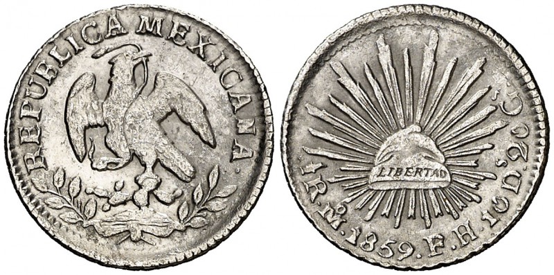 1859. México. (México). FH. 1/2 real. (Kr. 370.9). 1,57 g. AG. MBC+.