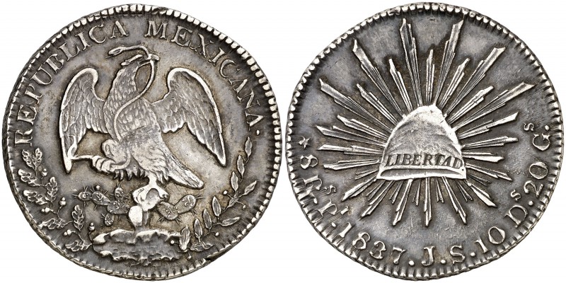 1837. México. PI (San Luis Potosí). 8 reales. (Kr. 377.12). 26,96 g. AG. Escasa....