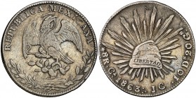 1863. México. Ca (Chihuahua). JC. 8 reales. (Kr. 377.2). 26,64 g. AG. Rayitas. MBC+.