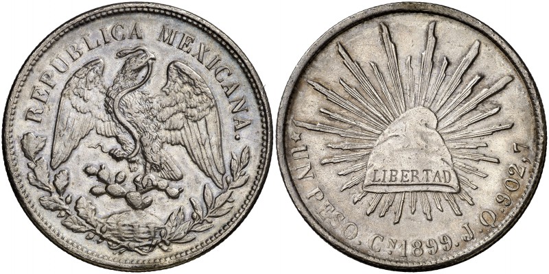 1899. México. Cn (Culiacan). JQ. 1 peso. (Kr. 409). 27.08 g. AG. Leves marquitas...
